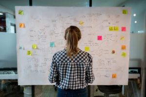 woman looking at business strategy board
